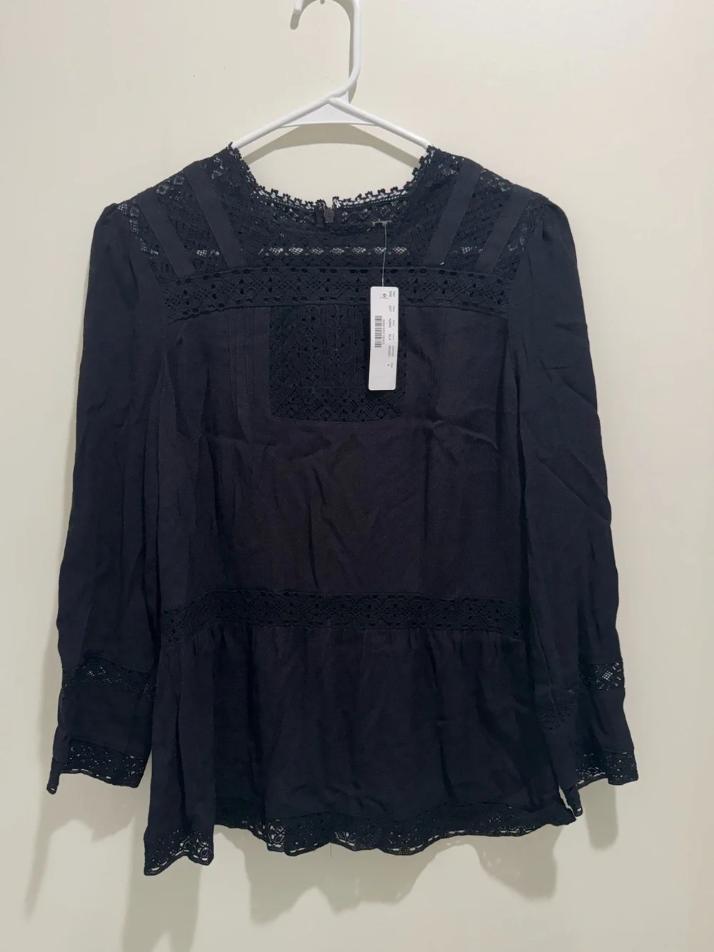 J.Crew Point Sur Black Lace Trim Peplum Blouse Size 6 NWT